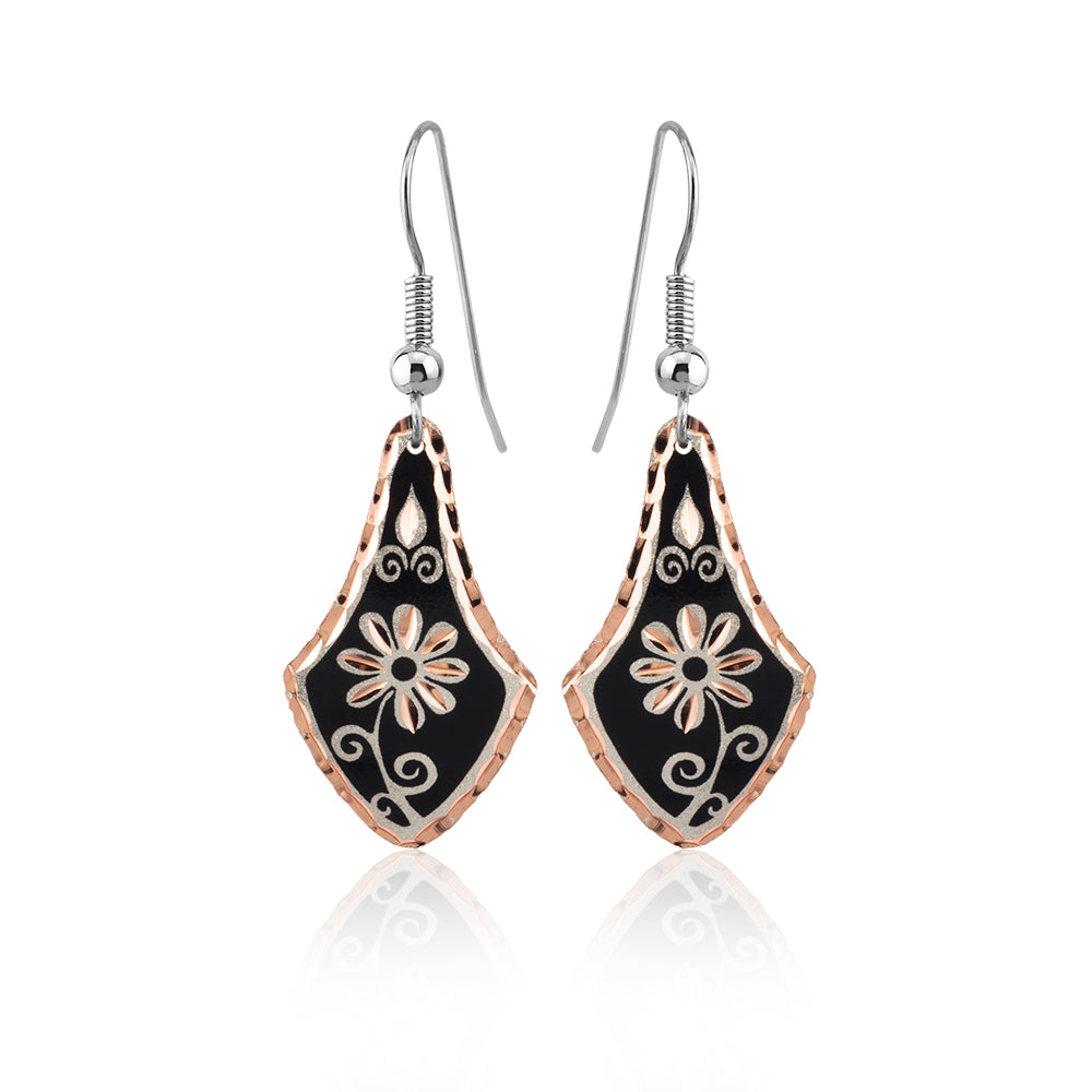 Black background retro floral earrings