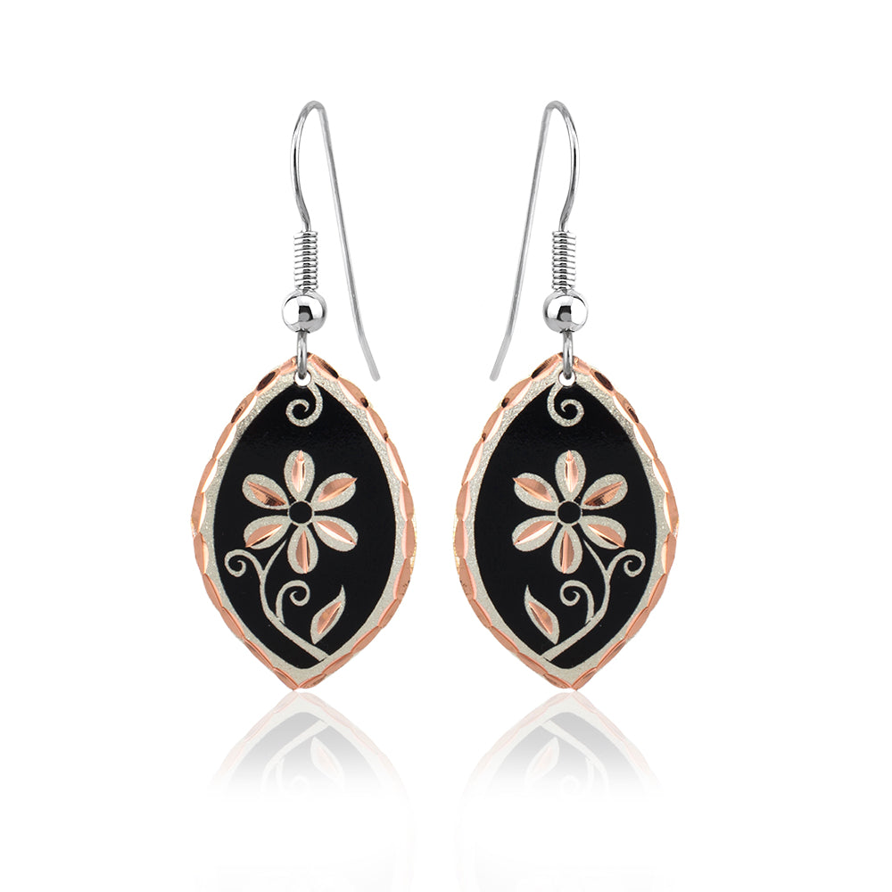 Black one flower small round earrings