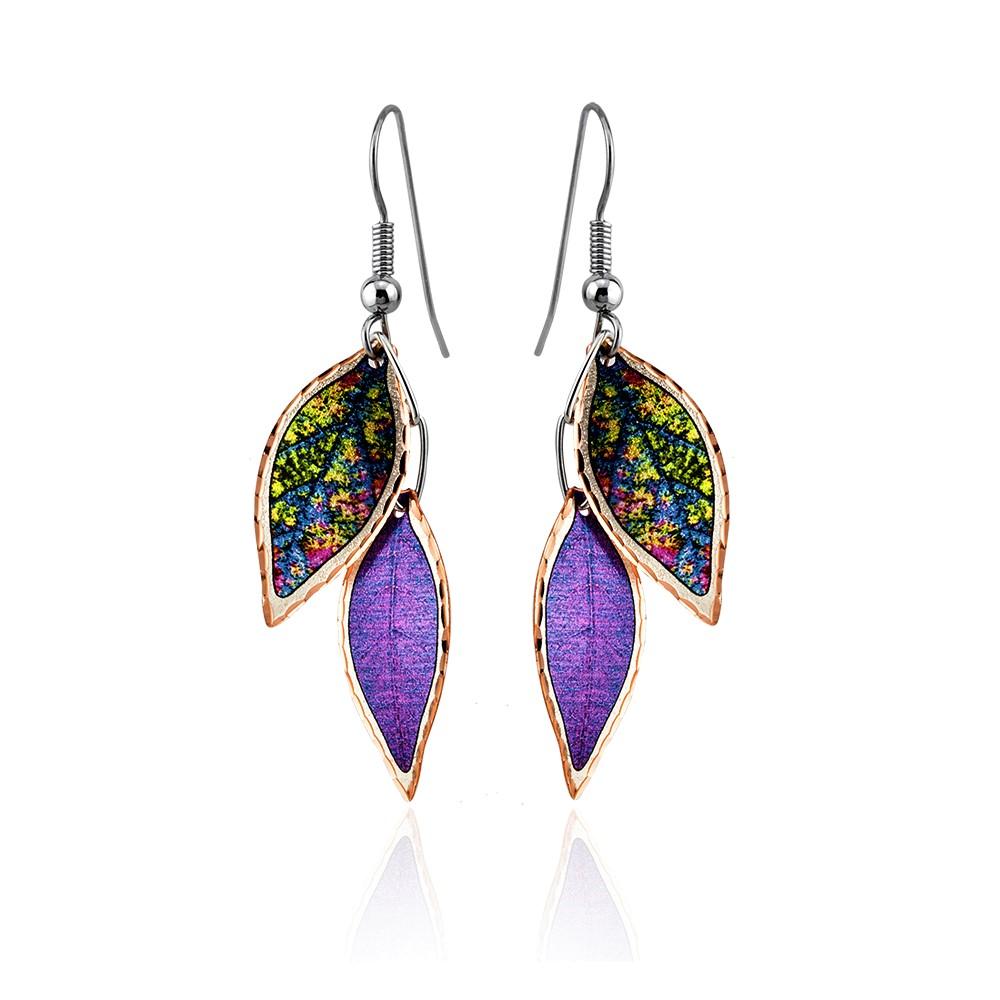 Purple and green print leave design earrings