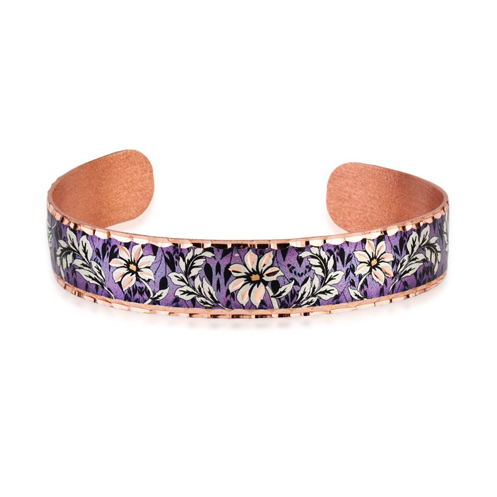 Purple color narrow style handmade flower design copper bracelet
