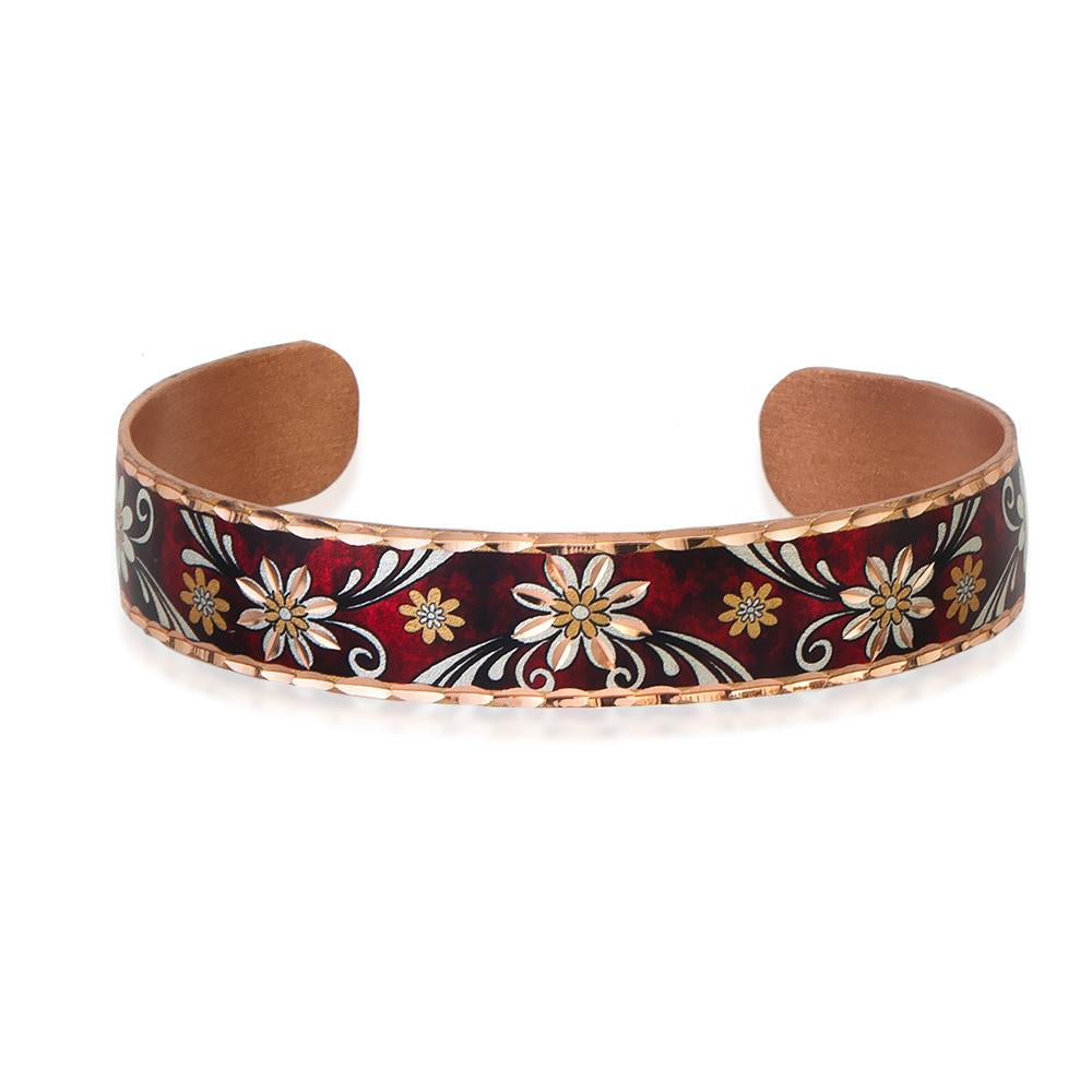 Red flower design narrow handmade copper bracelet