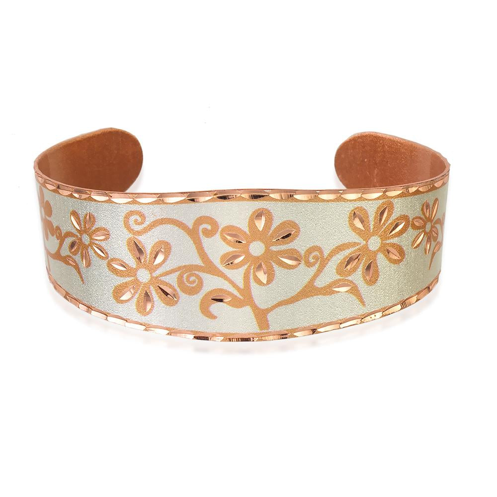 Silver background daisy flower design solid copper cut out adjustable bracelet