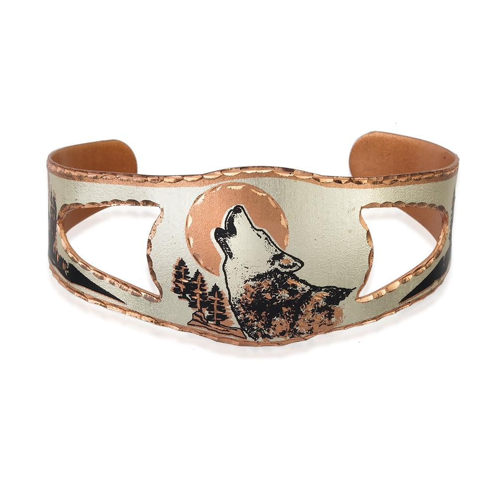 Howling wolf design solid copper cut out adjustable bracelet