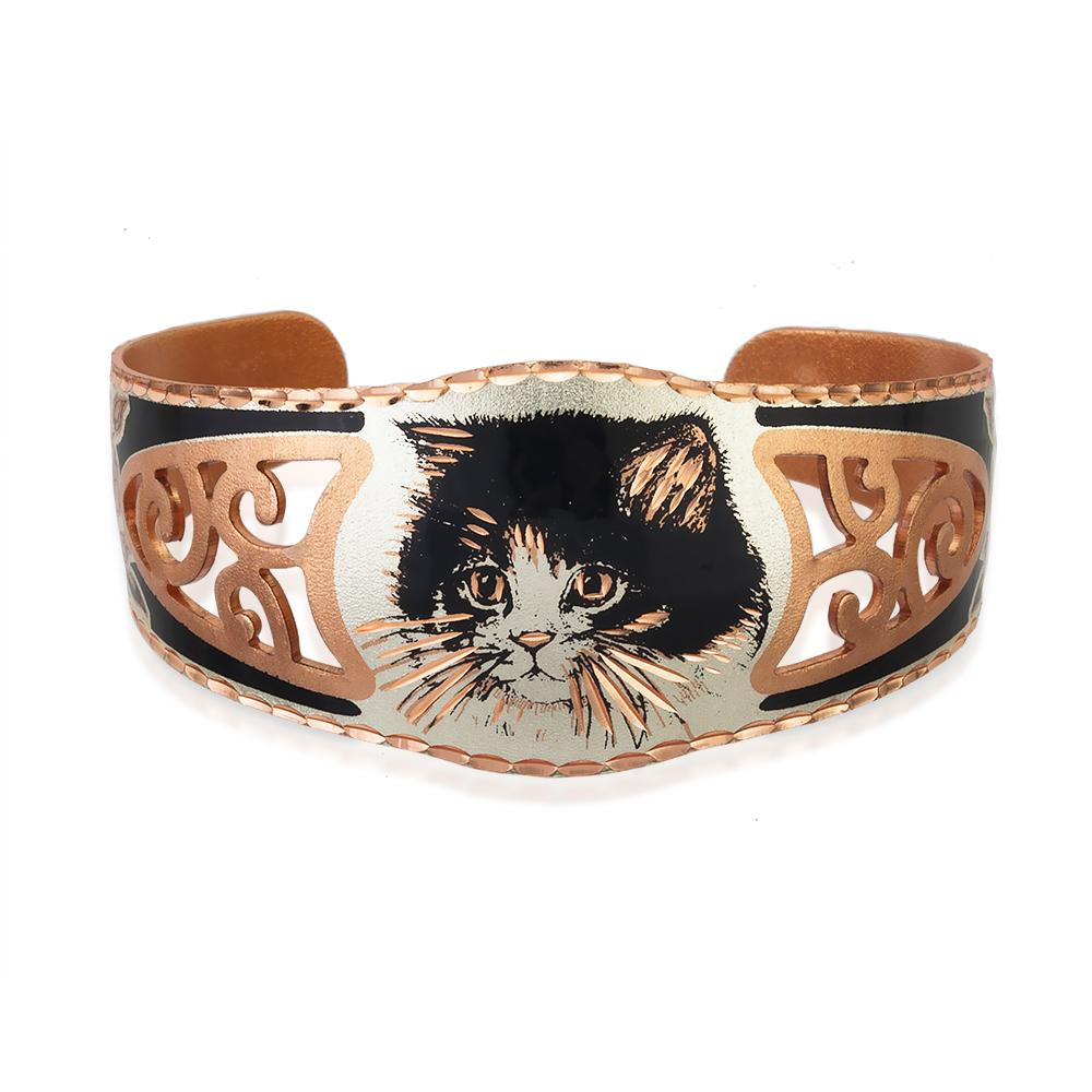 Black kitten design fligree solid copper adjustable bracelet