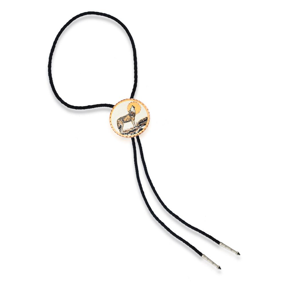 Howling wolf design  round bolo tie