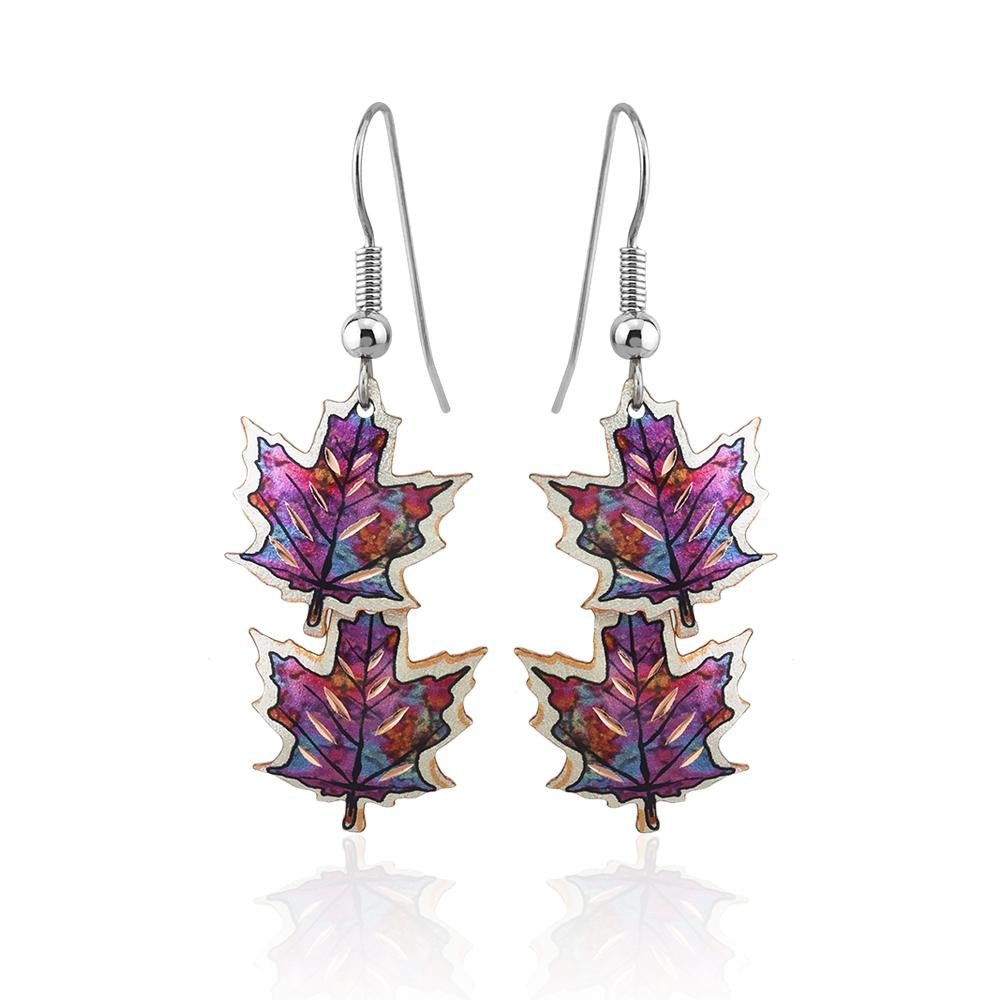 Flame painted maple leaf design earrings