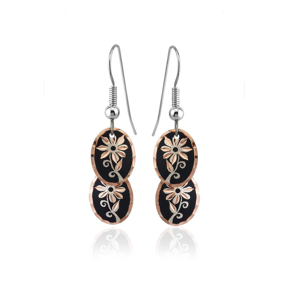 Black floral oval two pieces earrings