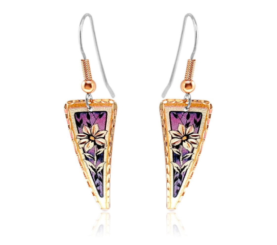 Dark purple flower triangle earrings