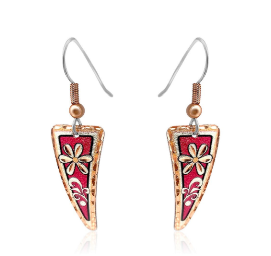 Light red color flower triangle earrings