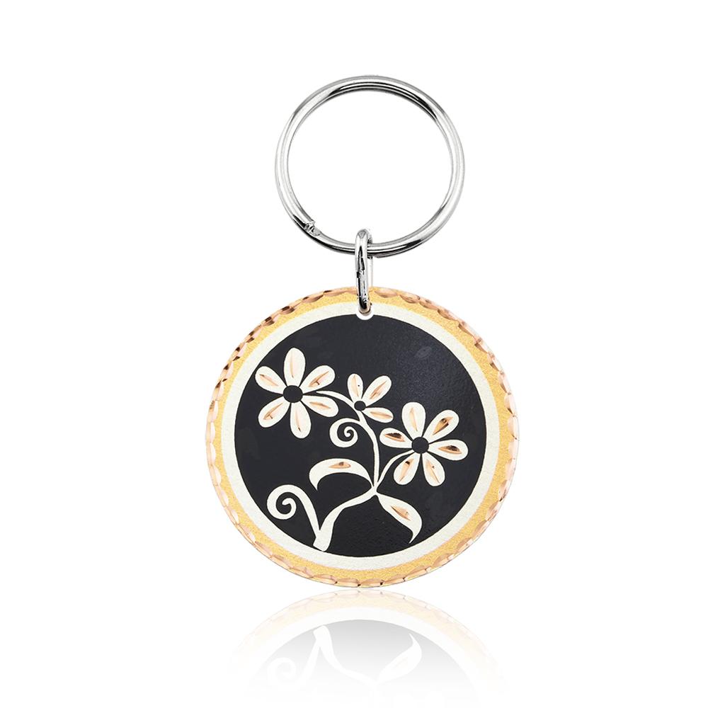 Black floral design handmade copper key chain
