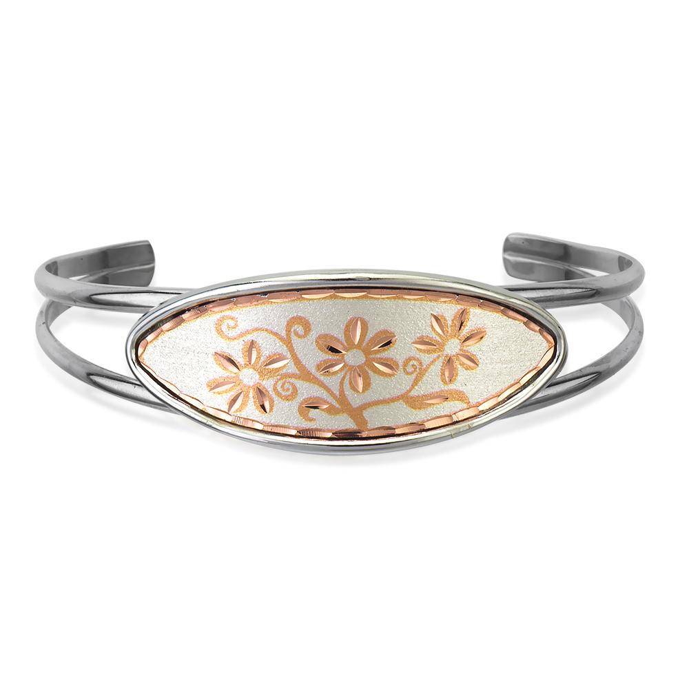 Silver background floral design wire bracelet