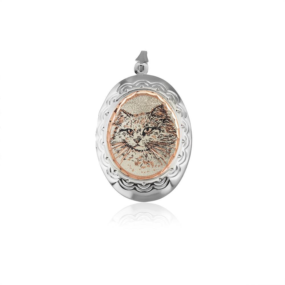 White cat design handmade copper locket