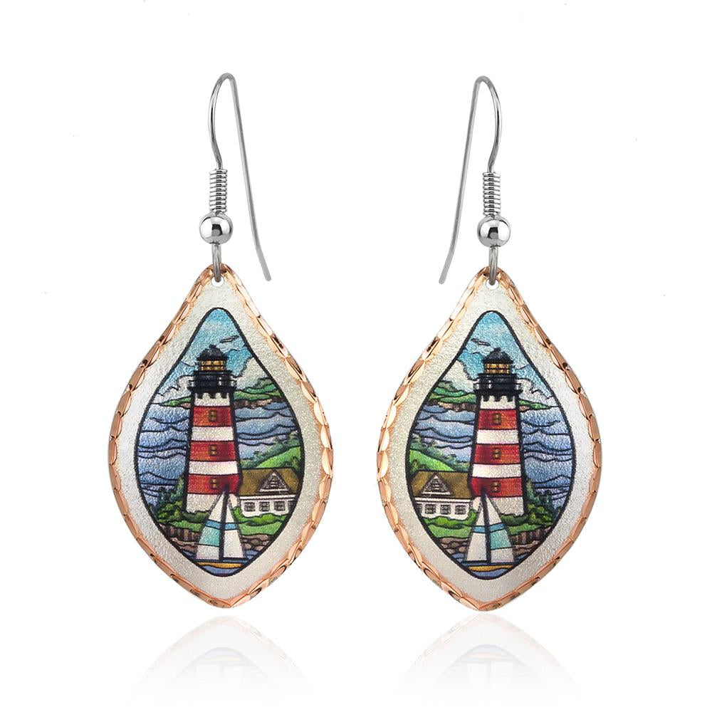 Lighthouse and sail boat design earrings