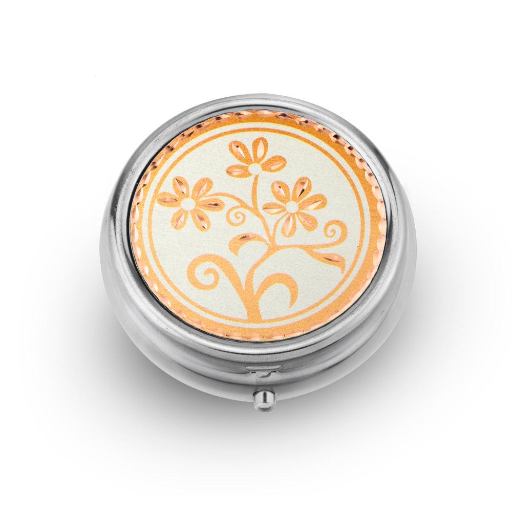 silver background floral design pill box