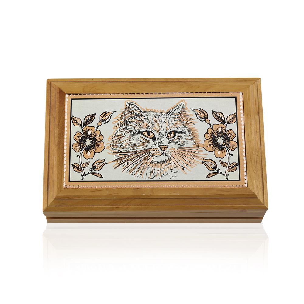 White kitty cat design handmade copper wooden box