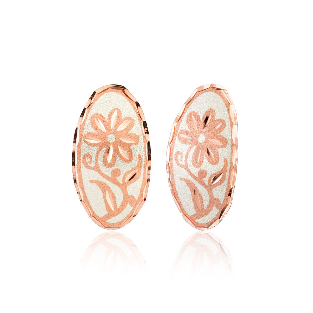 Silver floral long oval stud earrings