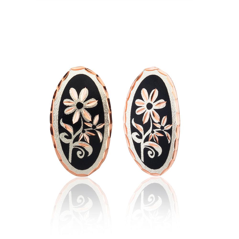 Black floral long oval stud earrings